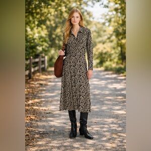 Madewell Ruched Midi Shirt Dress Size 12 Black Ivory Floral NWT